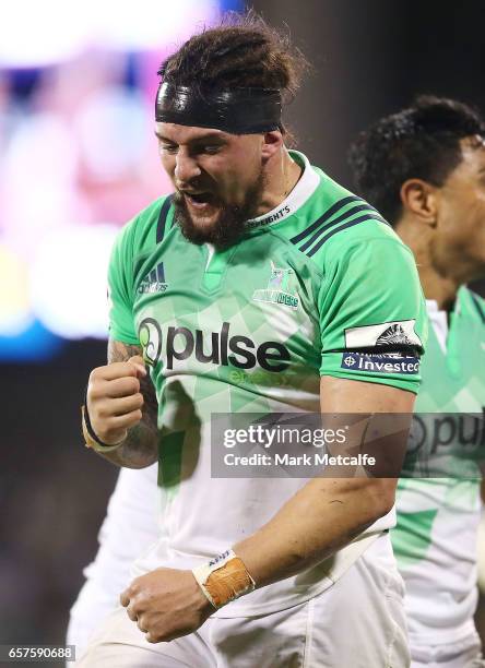 Elliot Dixon of the Highlanders celebrates victory in the round five Super Rugby match between the Brumbies and the Highlanders at GIO Stadium on...