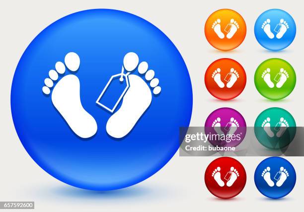 corpse tag icon on shiny color circle buttons - dead body feet stock illustrations