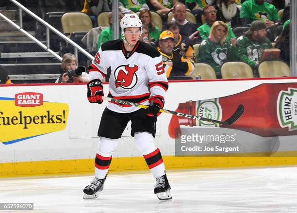 Blake Pietila of the New Jersey Devils skates against the Pittsburgh Penguins at PPG Paints Arena on March 17, 2017 in Pittsburgh, Pennsylvania.