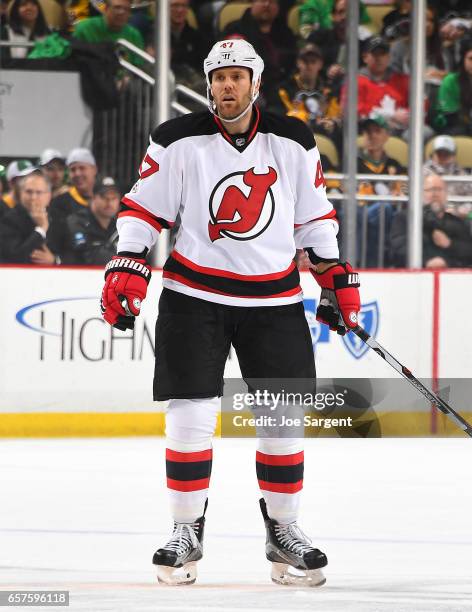 Dalton Prout of the New Jersey Devils skates against the Pittsburgh Penguins at PPG Paints Arena on March 17, 2017 in Pittsburgh, Pennsylvania.