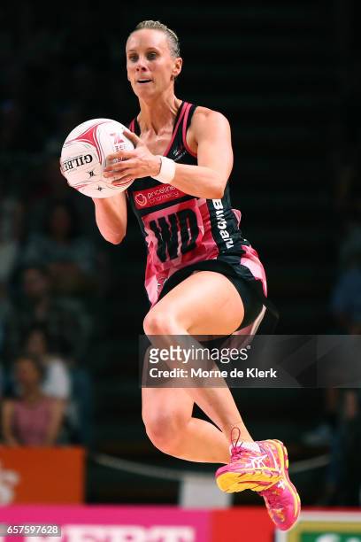 Renae Ingles of the Thunderbirds wins the ball during the round six Super Netball match between the Thunderbirds and the Firebirds at Titanium...