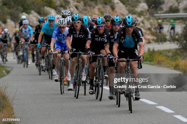 Vasil Kiryienka, Miquel Landa, Peter Kennaugh, Diego Rosa and Christopher Froome of Team Sky ride during the fifth stage of Tour cycling race, La...