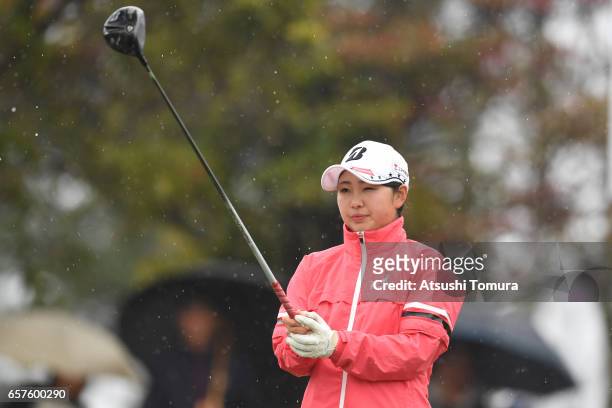 Minami Hiruta of Japan lines up her tee shot on the 1st hole during the second round of the AXA Ladies Golf Tournament at the UMK Country Club on...