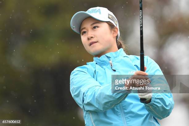 Haruka Morita of Japan hits her tee shot on the 1st hole during the second round of the AXA Ladies Golf Tournament at the UMK Country Club on March...