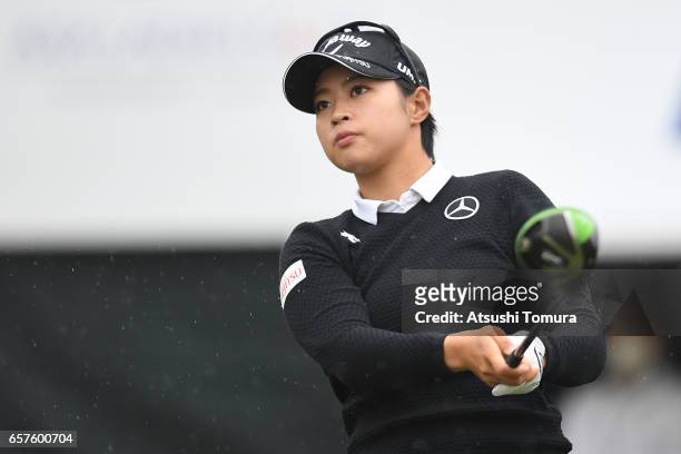 Asuka Kashiwabara of Japan hits her tee shot on the 1st hole during the second round of the AXA Ladies Golf Tournament at the UMK Country Club on...