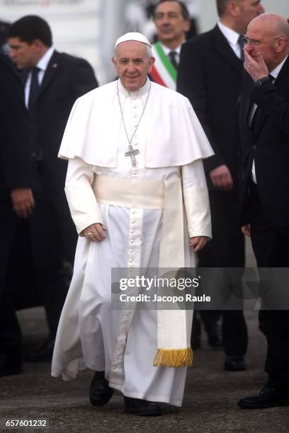 Pope Francis arrives at Linate Airport on March 25, 2017 in Milan, Italy. The visit of Pope Francis includes a Holy Mass in Monza, the Angelus Prayer...