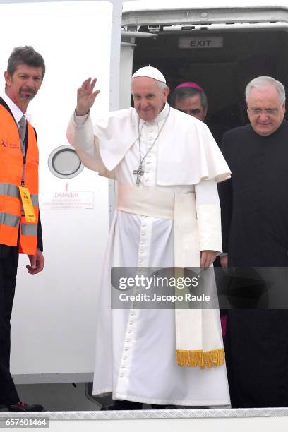 Pope Francis arrives at Linate Airport on March 25, 2017 in Milan, Italy. The visit of Pope Francis includes a Holy Mass in Monza, the Angelus Prayer...