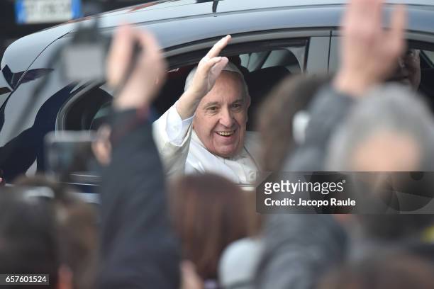Pope Francis arrives at Linate Airport on March 25, 2017 in Milan, Italy. The visit of Pope Francis includes a Holy Mass in Monza, the Angelus Prayer...