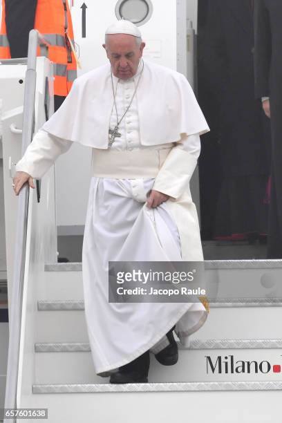 Pope Francis arrives at Linate Airport on March 25, 2017 in Milan, Italy. The visit of Pope Francis includes a Holy Mass in Monza, the Angelus Prayer...