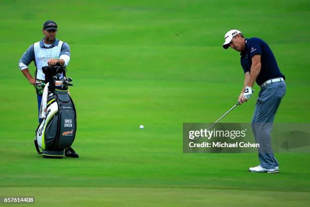 Greg Owen of England plays a shot on the 18th hole during the second round of the Puerto Rico Open at Coco Beach on March 25, 2017 in Rio Grande,...