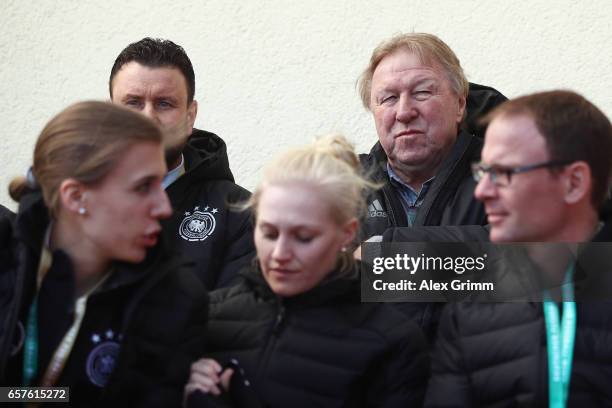 Sport director Horst Hrubesch looks on prior to the UEFA Elite Round match between U19 Germany and U19 Serbia at Sportpark on March 25, 2017 in...