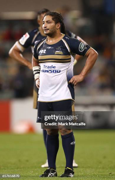 Saia Fainga'a of the Brumbies looks dejected after defeat in the round five Super Rugby match between the Brumbies and the Highlanders at GIO Stadium...