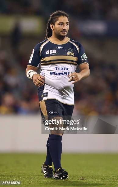 Saia Fainga'a of the Brumbies looks on during the round five Super Rugby match between the Brumbies and the Highlanders at GIO Stadium on March 25,...