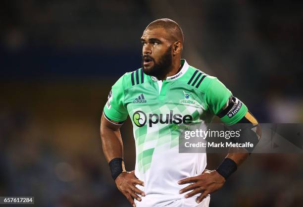 Patrick Osborne of the Highlanders looks on during the round five Super Rugby match between the Brumbies and the Highlanders at GIO Stadium on March...