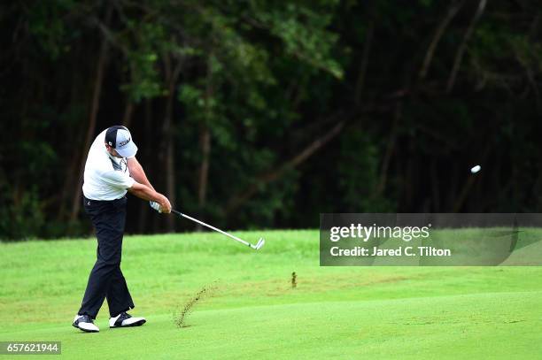 Bill Lunde plays his third shot from the fairway on the 18th hole during the second round of the Puerto Rico Open at Coco Beach on March 25, 2017 in...