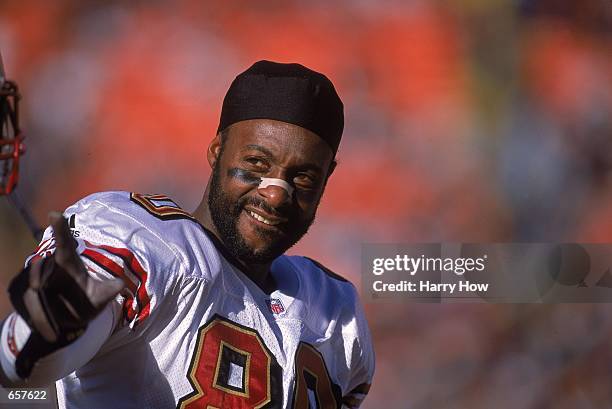 Close up of Jerry Rice of the San Francisco 49ers as he looks on while playing his last game as a 49er during the game against the Denver Broncos at...