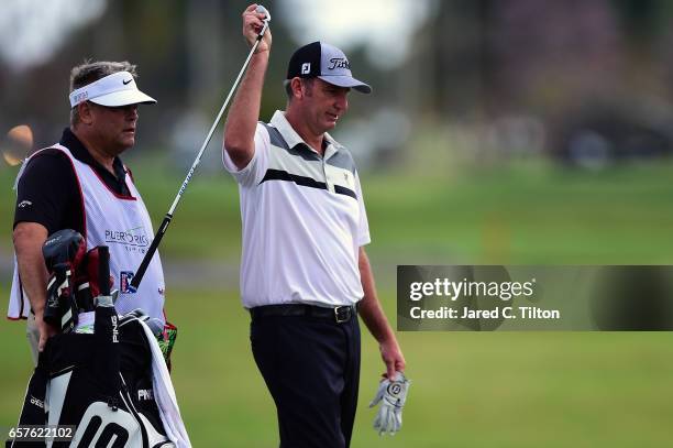 Bill Lunde pulls a club from his bag on the 18th hole during the second round of the Puerto Rico Open at Coco Beach on March 25, 2017 in Rio Grande,...