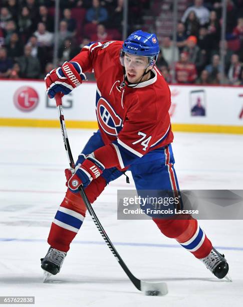 Alexei Emelin of the Montreal Canadiens fires a slap shot against the Detroit Red Wings in the NHL game at the Bell Centre on March 21, 2017 in...