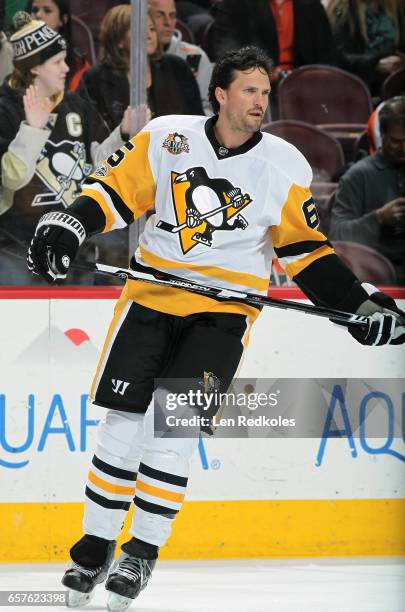 Ron Hainsey of the Pittsburgh Penguins warms up prior to his game against the Philadelphia Flyers on March 15, 2017 at the Wells Fargo Center in...