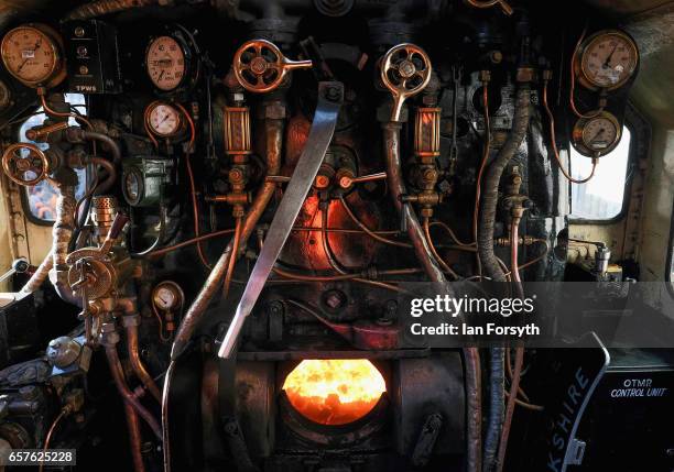 View inside the footplate of the steam locomotive Royal Scot as it is prepared in Grosmont engine sheds ahead of running between Grosmont and...