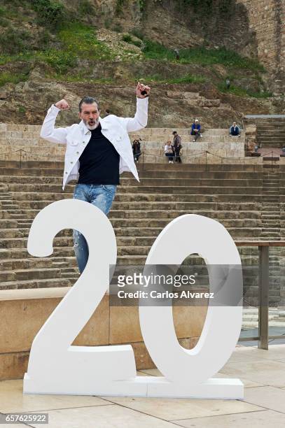 Actor Antonio Banderas poses for the photographers before receives the 'Biznaga de Oro Honorifica' award during the last day of the 20th Malaga Film...