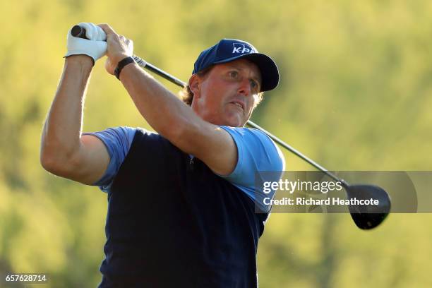 Phil Mickelson tees off on the 3rd hole of his match during round four of the World Golf Championships-Dell Technologies Match Play at the Austin...