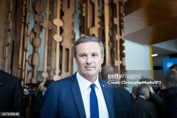 Candidate for the 2017 French Presidential Election Nicolas Dupont Aignan attends a gathering of the Association of Mayors of France at the Maison de...