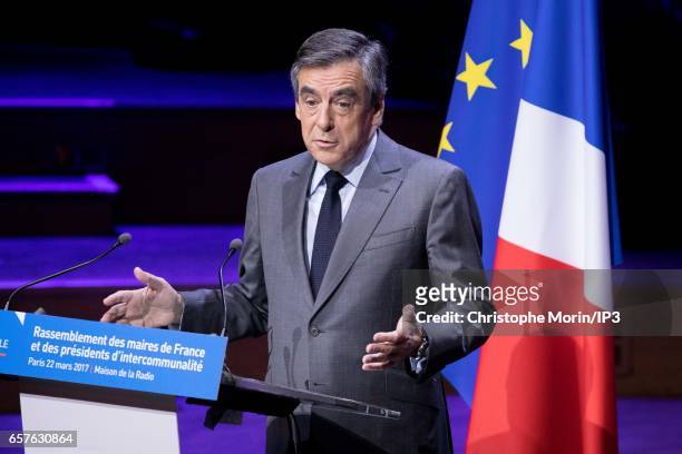 Candidate of Les Republicains right wing Party for the 2017 French Presidential Election Francois Fillon delivers a speech during a gathering of the...