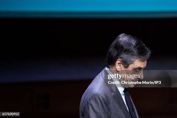 Candidate of Les Republicains right wing Party for the 2017 French Presidential Election Francois Fillon delivers a speech during a gathering of the...