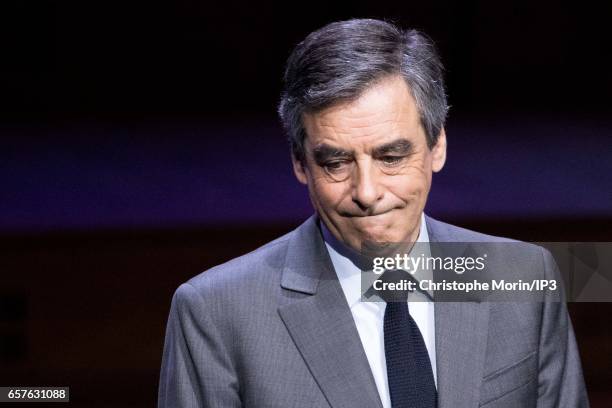 Candidate of Les Republicains right wing Party for the 2017 French Presidential Election Francois Fillon delivers a speech during a gathering of the...