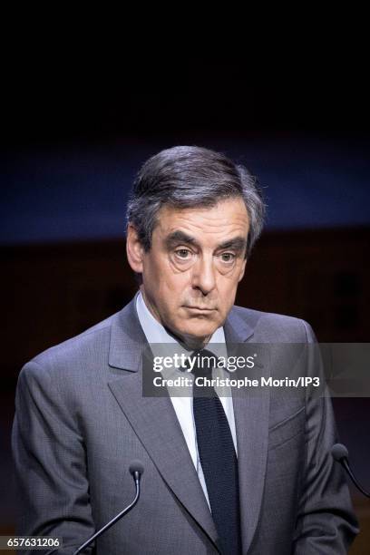 Candidate of Les Republicains right wing Party for the 2017 French Presidential Election Francois Fillon delivers a speech during a gathering of the...