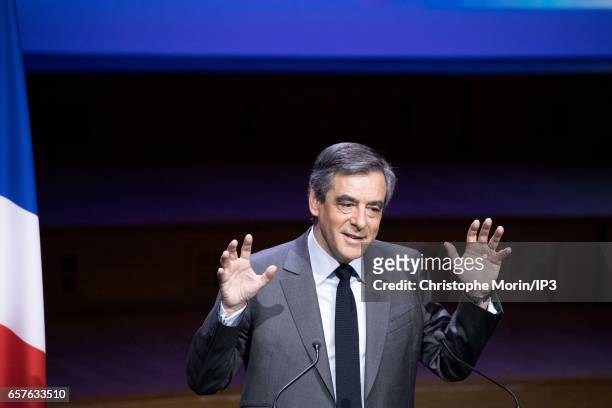 Candidate of Les Republicains right wing Party for the 2017 French Presidential Election Francois Fillon delivers a speech during a gathering of the...