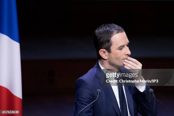 Candidate of the Socialist Party for the 2017 French Presidential Election Benoit Hamon delivers a speech during a gathering of the Association of...