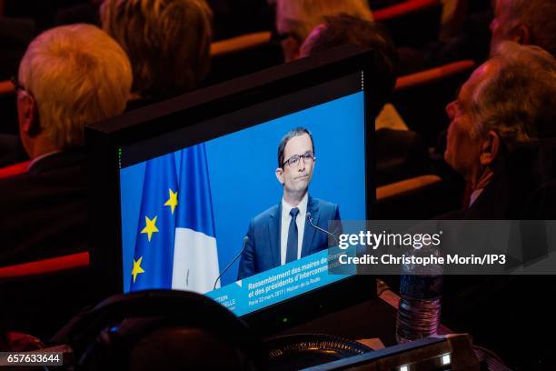 Candidate of the Socialist Party for the 2017 French Presidential Election Benoit Hamon delivers a speech during a gathering of the Association of...