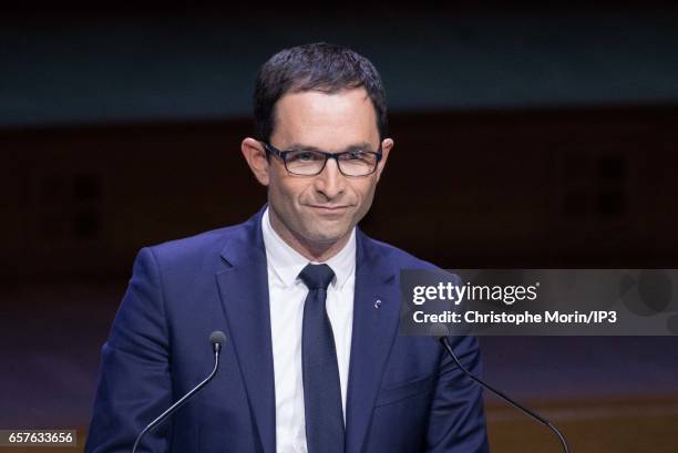 Candidate of the Socialist Party for the 2017 French Presidential Election Benoit Hamon delivers a speech during a gathering of the Association of...