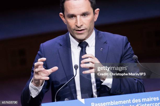 Candidate of the Socialist Party for the 2017 French Presidential Election Benoit Hamon delivers a speech during a gathering of the Association of...