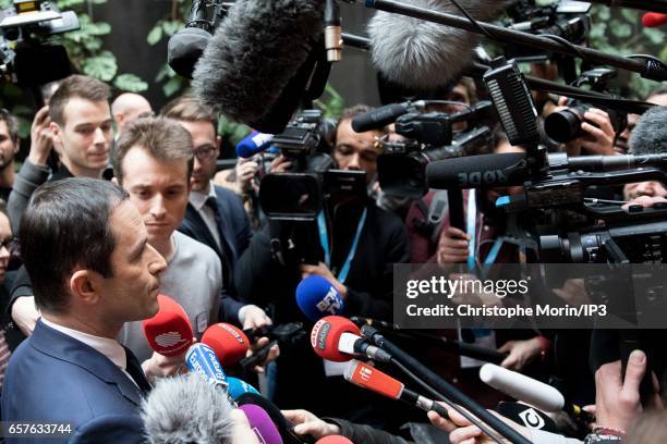 Candidate of the Socialist Party for the 2017 French Presidential Election Benoit Hamon attends a gathering of the Association of Mayors of France at...