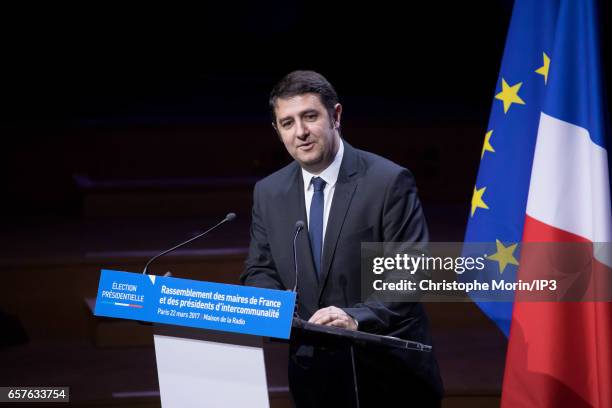 Radio France CEO Mathieu Gallet delivers a speech during a gathering of the Association of Mayors of France at the Maison de la Radio on March 22,...