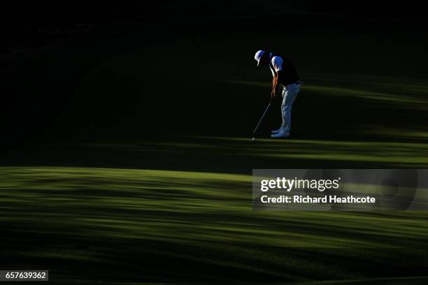 Hideto Tanihara of Japan plays a shot on the 2nd hole of his match during round four of the World Golf Championships-Dell Technologies Match Play at...