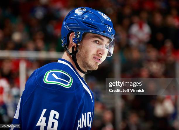 Jayson Megna of the Vancouver Canucks looks on from the bench during their NHL game against the Detroit Red Wings at Rogers Arena February 28, 2017...