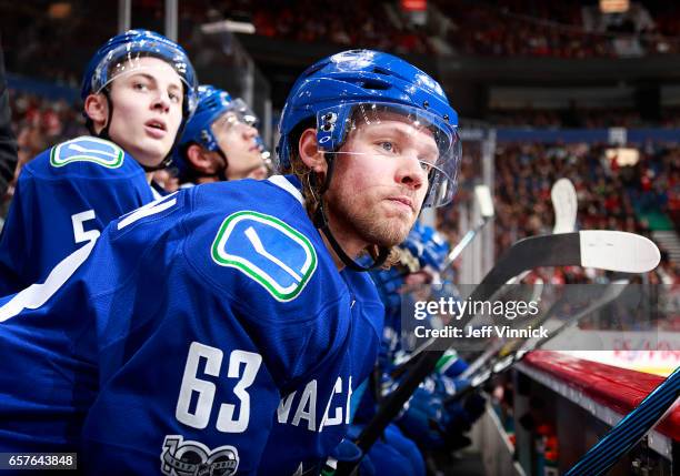 Philip Larsen of the Vancouver Canucks looks on from the bench during their NHL game against the Detroit Red Wings at Rogers Arena February 28, 2017...