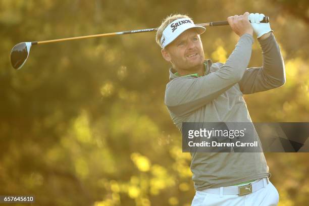 Soren Kjeldsen of Denmark tees off on the 2nd hole of his match during round four of the World Golf Championships-Dell Technologies Match Play at the...