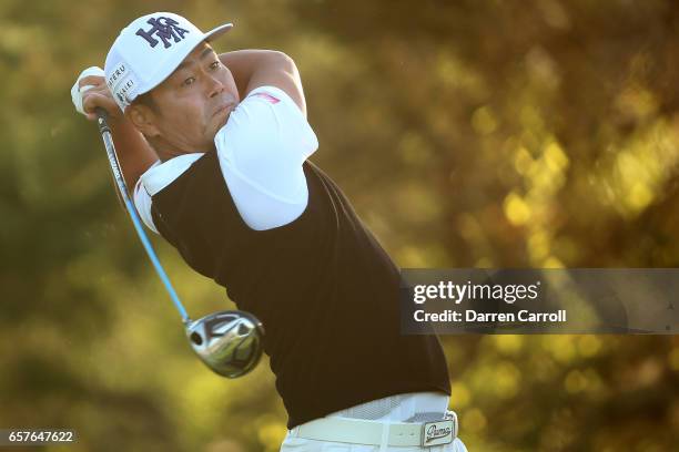 Hideto Tanihara of Japan tees off on the 2nd hole of his match during round four of the World Golf Championships-Dell Technologies Match Play at the...