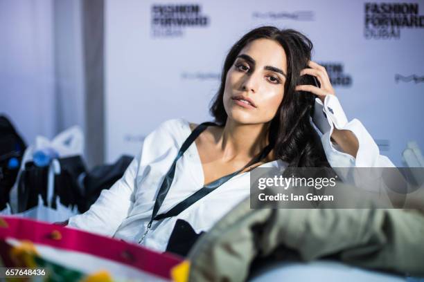 Model backstage during the Ghain Ghada Presentation at Fashion Forward March 2017 held at the Dubai Design District on March 25, 2017 in Dubai,...