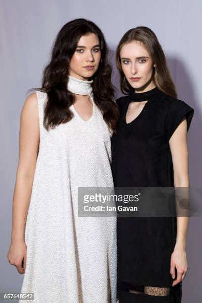 Models backstage during the Ghain Ghada Presentation at Fashion Forward March 2017 held at the Dubai Design District on March 25, 2017 in Dubai,...