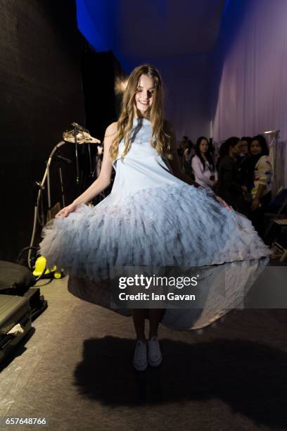 Model backstage during the Ghain Ghada Presentation at Fashion Forward March 2017 held at the Dubai Design District on March 25, 2017 in Dubai,...