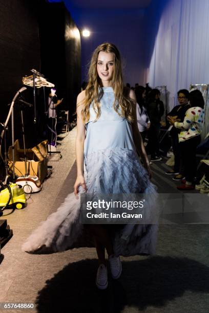 Model backstage during the Ghain Ghada Presentation at Fashion Forward March 2017 held at the Dubai Design District on March 25, 2017 in Dubai,...