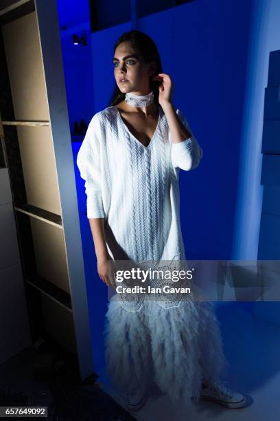 Model backstage during the Ghain Ghada Presentation at Fashion Forward March 2017 held at the Dubai Design District on March 25, 2017 in Dubai,...