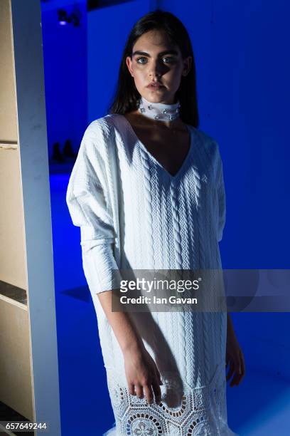 Model backstage during the Ghain Ghada Presentation at Fashion Forward March 2017 held at the Dubai Design District on March 25, 2017 in Dubai,...