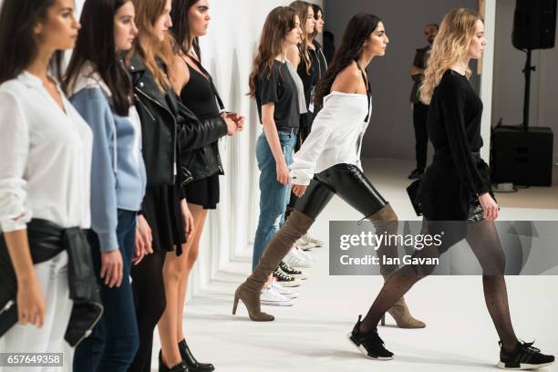 Models during rehearsal ahead of the Ghain Ghada Presentation at Fashion Forward March 2017 held at the Dubai Design District on March 25, 2017 in...